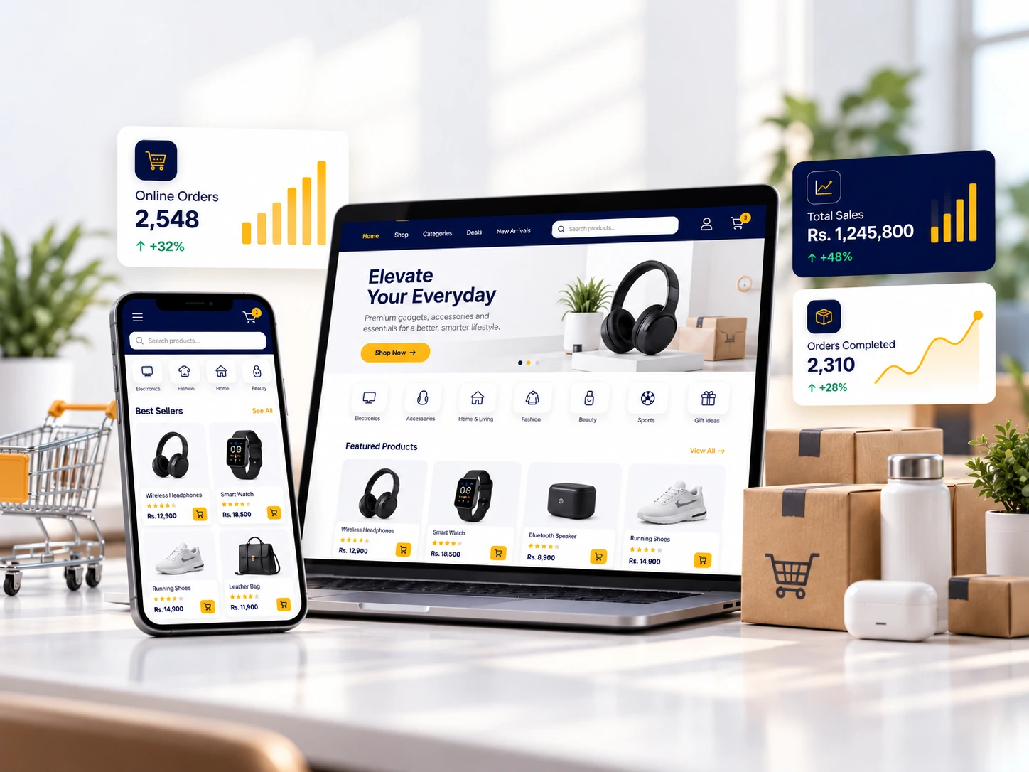 Illustrative online shopping website on desktop and mobile with order and sales dashboard cards